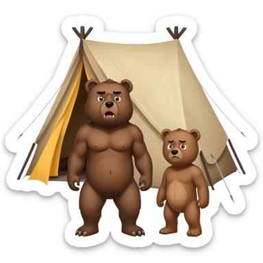a black man and an angry bear standing outside of a tent sticker