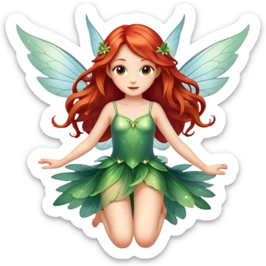 Une magnifique fée mignonne avec  de belles ailes qui scintillent une magnifique robe naturelle avec de très long cheveux roux avec des yeux marrons de belle jambe qui vol et  sticker