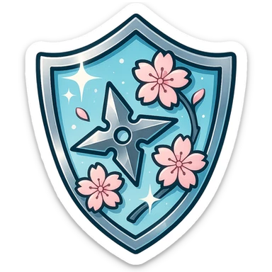 Anime-inspired Japanese style badge for Platinum rank: traditional crest shape with platinum and light blue gradient, sakura (cherry blossom) accents, ninja star, bold highlights and shadows, sparkly effects, no text, sized for Twitch or Discord use, transparent background. sticker