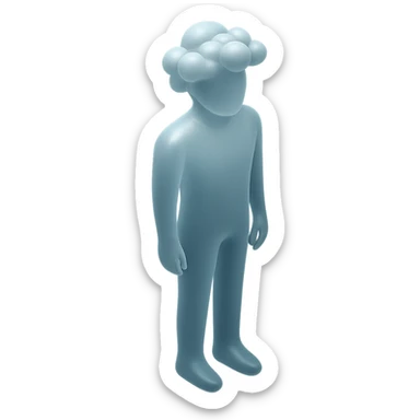 a person standing straight, made entirely of white fluffy convex clouds up to the shoulders, matte glass style sticker