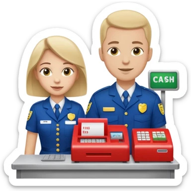 Supermarket employee at a cash register, full body, serving a man sticker