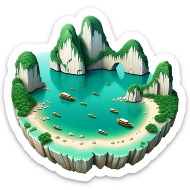 Cinematic Realistic Ha Long Bay Landscape Emoji, depicted with limestone karsts emerging from emerald waters rendered with intricate detail and dynamic natural lighting. sticker