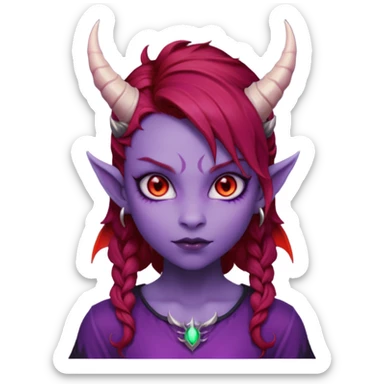 Demon Girl Purple Skin Dragon Horns Black Eyes Red Glowing Pupils Auburn Haired Red Shirt  sticker