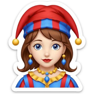 a girl A classic two-armed jester's hat with red and blue stripes, a yellow brim, and small yellow bells on the tips. brown hair blue and red eye's

 sticker
