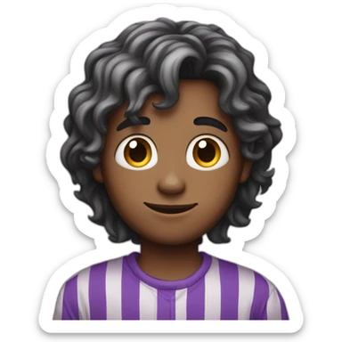 long hair boy who wears a long-sleeved purple striped shirt with a moon print sticker