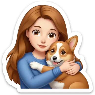Girl with long brown hair hugs a corgi dog sticker