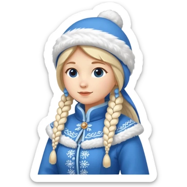 A cute Snow Maiden (Snegurochka) emoji, full body, standing in side view, wearing a traditional blue winter coat with white fur trim, long braid, and a kokoshnik-style winter hat. sticker