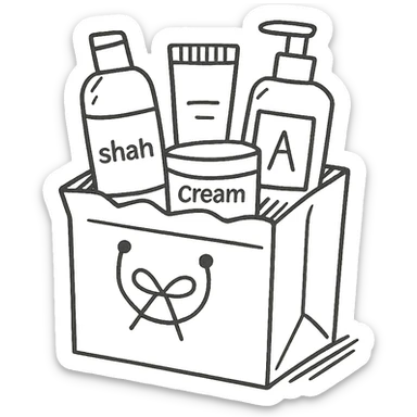 Gift bag with beauty products (shampoo, creams, styling products), a gift bag is beautyful open box full of luxury brand-labeled beauty products sticker