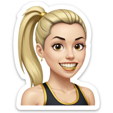 Melanie chisholm with a high ponytail wearing athletic attire and a gold tooth sticker