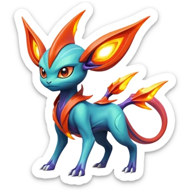Futuristic volcanic elemental badass cool tough evil Suicune-Bayleaf-Celebi-Pokémon-Fakémon-hybrid-creature sticker