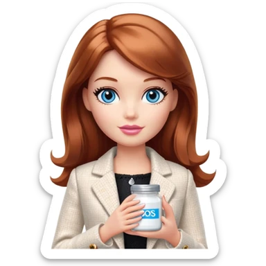 A Barbie girl with blue eyes, shoulder-length reddish-brown hair, made-up, in a white tweed jacket and black skirt, holding a jar of pale beige body cream sticker