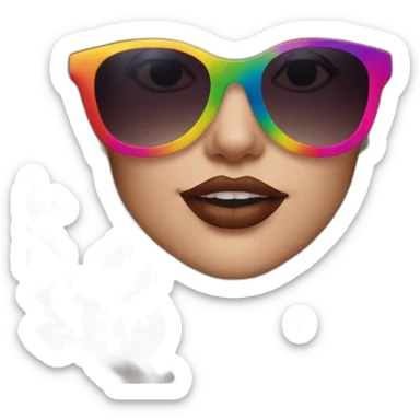 gay pride sunglasses on female head with wavy brown hair and rainbow lipstick sticker