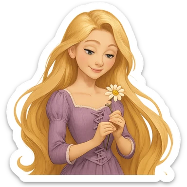 a girl resembling Rapunzel with flowing blonde hair, holding a flower, gentle smile sticker
