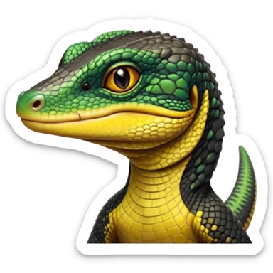 cinematic-realistic-cute-monitor-lizard-portrait-emoji,-head-tilted-playfully-and-inquisitively,-featuring-a-compact,-agile-body-with-finely-detailed,-glossy-scales-in-earthy-black and yellow-hues-and-a-distinct,-alert-face-with-bright,-curious-eyes, black , yellow spotted and green band  scales and a slender neck sticker