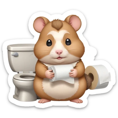 Cute chubby cartoon-style hamster sitting on toilet pooping holding toilet paper looking as if he had an accident, sticker-style illustration sticker