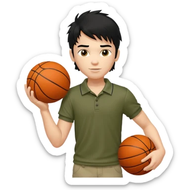 generate a pretty fair bratz boy with a long messy mullet (black hair), carrying a basketball in one hand. Smirking .  Wearing an olive polo shirt. Lean but biceps sticker