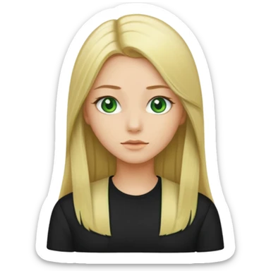 Long straight blonde hair with green eyes and black shirt sticker