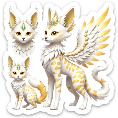 Epic complex fantasy glorious detailed futuristic divine godly angelic feathery sunny, white, albino, pastel, golden, orange glowing sparkly, realistic Fakémon-Sprigatito-Floragato-Meowscarada-Trico-Sergal-Serval-Solgaleo-Vernid-creature (full body) solarpunk, shiny sparkly with a gold laurel sticker
