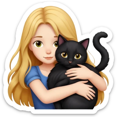 A long-haired girl hugs a black cat tightly sticker
