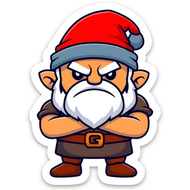 Grumpy dwarf character with angry expression, white beard, red hat, and arms crossed sticker