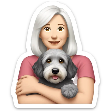 white middle age woman shoulder length hair with hugging my 8 pound Schnoodle  sticker