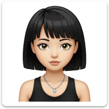 Make an emoji that is a bit fat but also a bit skinny at the same time, has black short hair with bangs, has eye liner and mascara on, has a black tanktop on, and has a necklace on  sticker