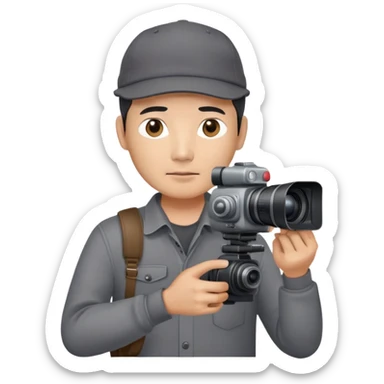 Chinese middle age male film producer with black eyes  in dark grey shirt with dark grey cap and professional camera sticker