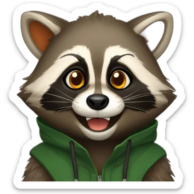brown raccoon with orange eyes and a dark green hood that is laughing sticker