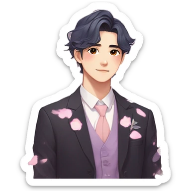 Gorgeous romantic anime style Asian formal modern gentlemanly guy with pretty hair and flower petals and blushing face aesthetic trending style with colorful gradient colors  pastelcore cottagecore kawaiicore sticker