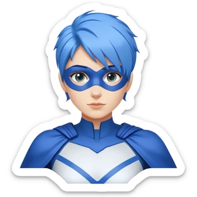 Emoji of a friendly, clean-shaven woman with blue hair, wearing a minimalist blue and white superhero suit with broad shoulders. The suit has a large blank area on the chest for a logo, uses only blue and white colors, and has minimal details. Image is cropped at the chest level. sticker