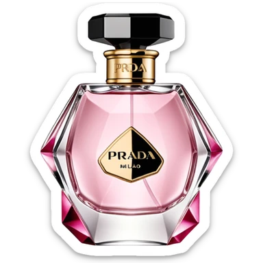  um frasco de perfume da marca Prada, em formato triangular, com vidro transparente e líquido rosado. No centro do frasco está escrito "PRADA MILANO" em letras pretas, com o logotipo da marca abaixo. A tampa é preta, retangular e inclinada, com um anel dourado na base, dando um toque moderno e elegante ao design. sticker