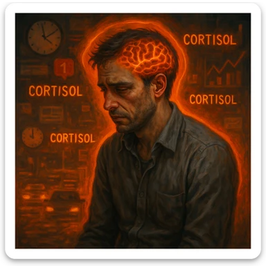 semi-realistic, symbolic surrealism; man in his 30s, visible chronic stress (tired eyes, tense, hunched), floating 'Cortisol' symbols, orange-red aura; chaotic blurred background (clocks, notifications, traffic, charts); brain visible with red-orange neural activity; expressive face, moody lighting sticker