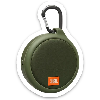 Minimalist JBL Clip 4 speaker with accurate circular shape and integrated carabiner clip at top, green camouflage pattern, iOS emoji style sticker