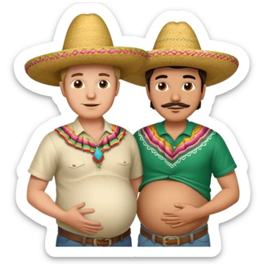 two men standing besides each other. 1 man is white, and the other man is mexican wearing a sombrero and pregnant, holding his belly.  sticker
