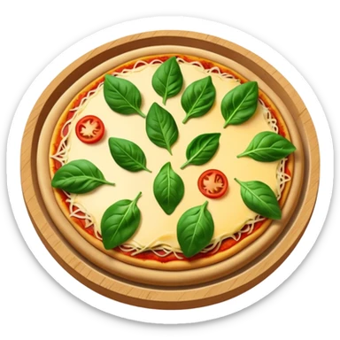 Bowls of pizza toppings, spinach, tomatoes, cheese sticker