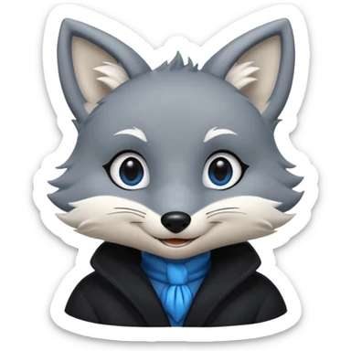 Grey anthropomorphic furry fox with a black coat, blue eyes, and a small fringe of black hair, smiling sticker