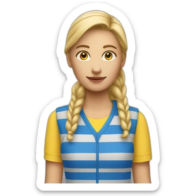 Ikea coworker blond woman blue t-shirt stripe and yellow vest sticker