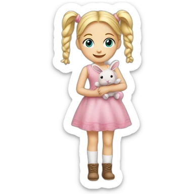 little girl with blond hair with two pigtails, blue eyes. a green rabbit soft toy in her hand, she smiles and has a pink dress and brown tights sticker