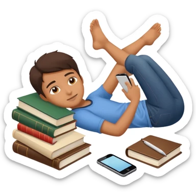 emoji student lying with phone instead of studying, lazy, books, white background, sticker