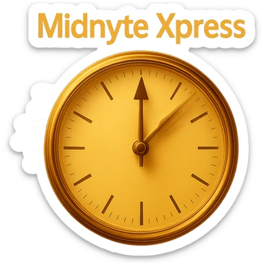 Add a sense of motion to the clock hands with motion blur or dynamic lines, while keeping the glowing effect and realistic style. The text 'Midnyte Xpress' should remain above. Maintain a transparent background. sticker