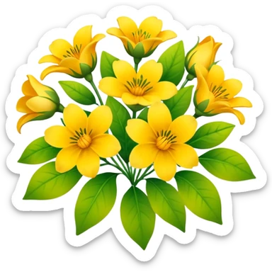 Generate a high-quality image of a bouquet of flowers dominated by yellow blooms, with a mix of green leaves, realistic colors and shading, smooth gradient colors, no human figures, no facial features, no brand markings, simple white background, high-resolution.
 sticker