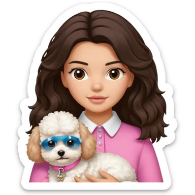 long-haired brunette woman Kendall Jenner inspired holding a fluffy white Maltipoo wearing a pink collar sticker