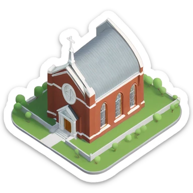 isometric single floor, curved red brick, modern, Methodist church sticker