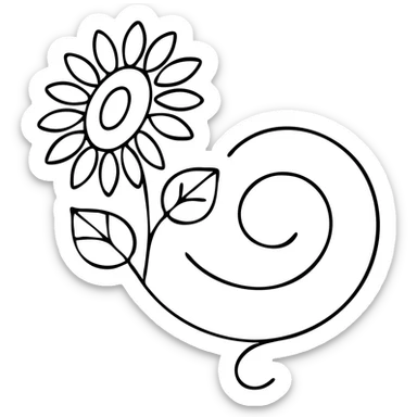 Combine the three elements from the reference images: a sunflower, a spiral angle, and colorful strokes into a single modern, clean, and balanced icon. Use black lines with subtle color details. Transparent background. sticker