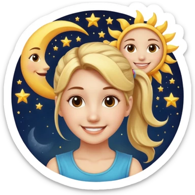 An Emoji of girl with ponytail, who can be described by three words: sun, moo, star sticker