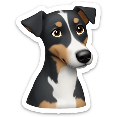 blue heeler mix dog with brown eyes and floppy flopped ears brown cheeks and brown dot eyebrows and black with white snout, chest and up theface sticker