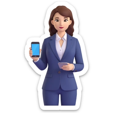 3D illustration of a businesswoman holding a smartphone, standing, professional look, realistic details sticker
