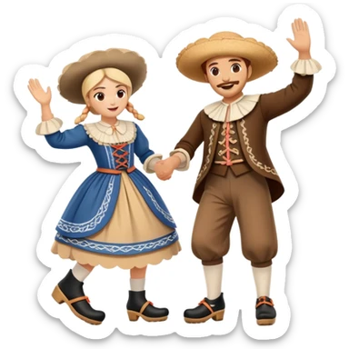 cinematic-realistic-scene-of-two-performers-executing-the-klompendans,-dressed-in-traditional-dutch-costumes-complete-with-wooden-clogs-and-detailed-folk-patterns,-captured-in-lively-motion-with-soft,-natural-lighting sticker