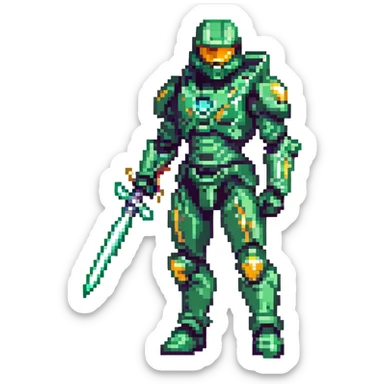 Master Chief from Halo, holding an energy sword, futuristic armor, green and gold accents, heroic stance, pixel art style sticker