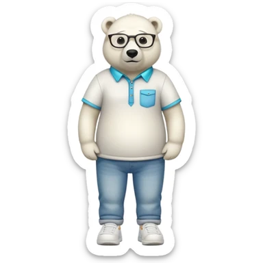 friendly anthropomorphised polar bear standing upright, looking relaxed, wearing a shirt, jeans, trainers, oversized multicolored extravagant glasses sticker
